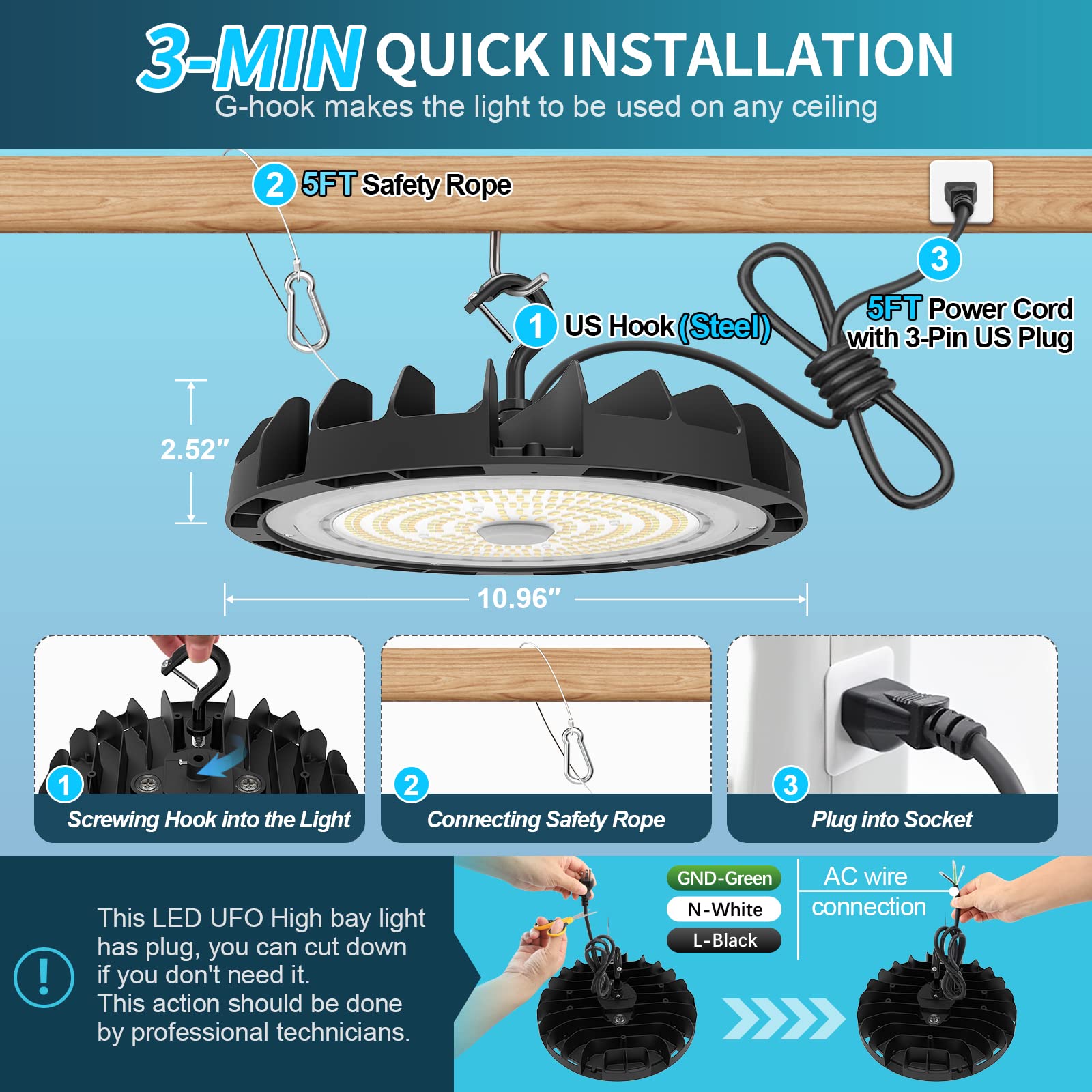 AKK LED High Bay Light 200W/180W/160W Switchable (27000LM), 5000K/4000K/3000K Selectable UFO LED High Bay Light, 5' Cable with US Plug, Non-Dimmable High Bay LED Shop Lights for Factory Warehouse Gym