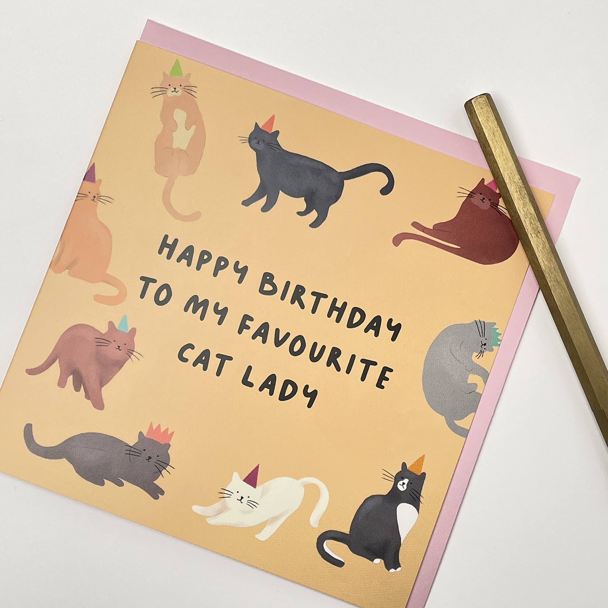 Old English Co. Happy Birthday To My Favourite Cat Lady - Hilarious Birthday Card for Her - Funny Birthday Card For Best Friend, Sister, Mum, Auntie | Blank Inside with Envelope