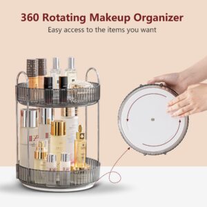 INVSSENE 360° Rotating Makeup Organizer, Bathroom Make Up Spinning Holder Rack, Large Capacity Cosmetics Storage Vanity Shelf Countertop, Fits Cosmetics, Perfume, Skincare, Lipsticks(2 Tiers, Gray)