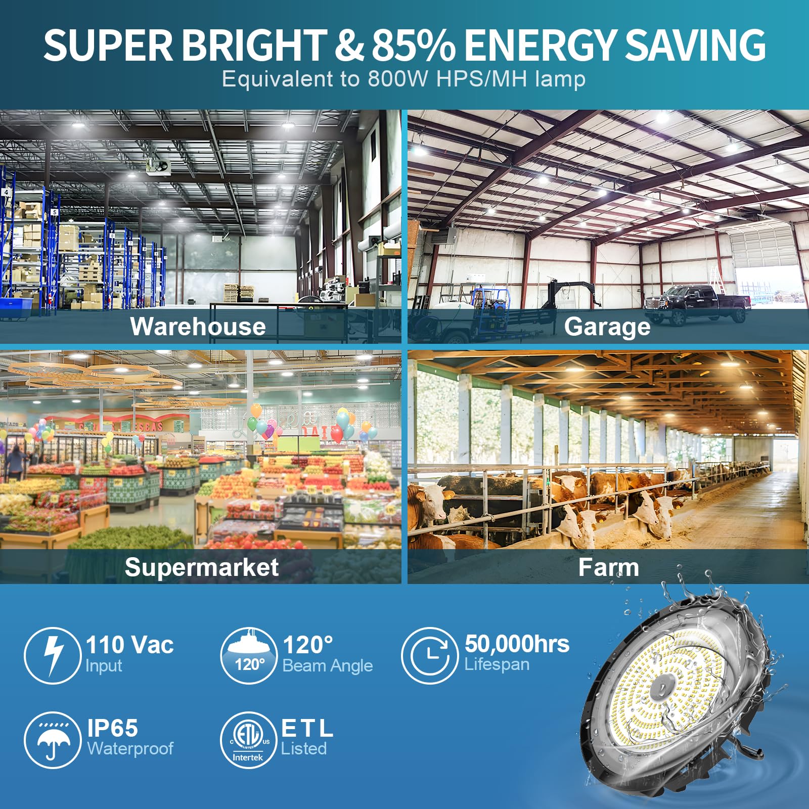 AKK LED High Bay Light 200W/180W/160W Switchable (27000LM), 5000K/4000K/3000K Selectable UFO LED High Bay Light, 5' Cable with US Plug, Non-Dimmable High Bay LED Shop Lights for Factory Warehouse Gym