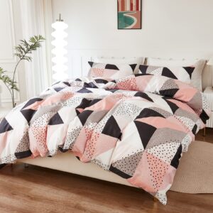 Bedbay Pink Grey Queen Comforter Set Western Bedding Set Queen Size Teen Girls Pink Grey Black Triangle Geometric Pattern 3 Pcs Soft Lightweight Fluffy Comforter Set (Muti,Queen)