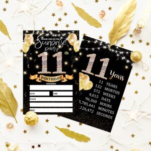 11th Birthday Party Invitation Card - Black Gold Invites with Birthday Sign Printing On The Back Double-Sided Fill-in Invites - 20 Cards with Envelopes for Party Favors - srgold-A01