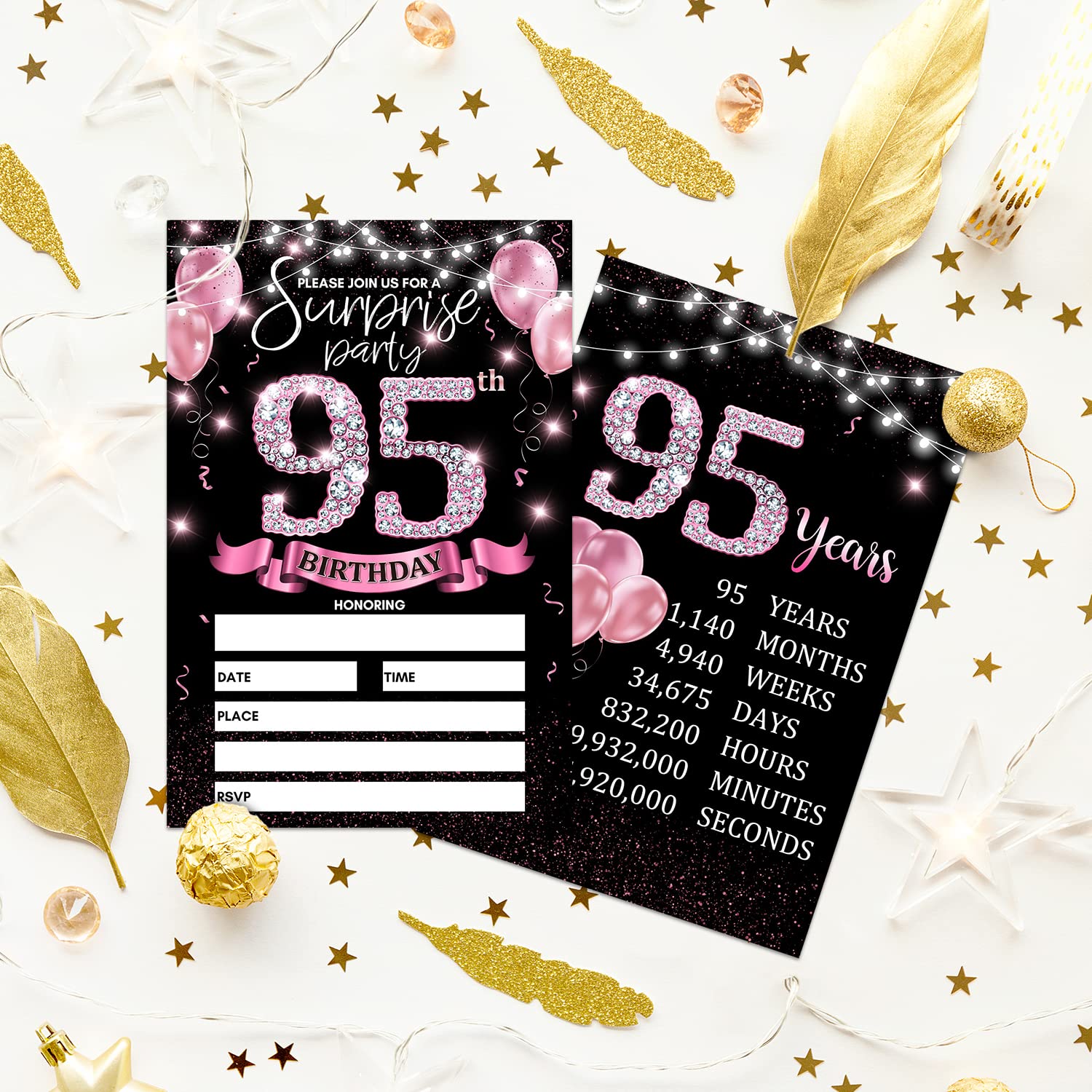 95th Birthday Party Invitation Card - Rose Gold Invites with Birthday Sign Printing On The Back Double-Sided Fill-in Invites - 20 Cards with Envelopes for Party Favors - srpink-A09