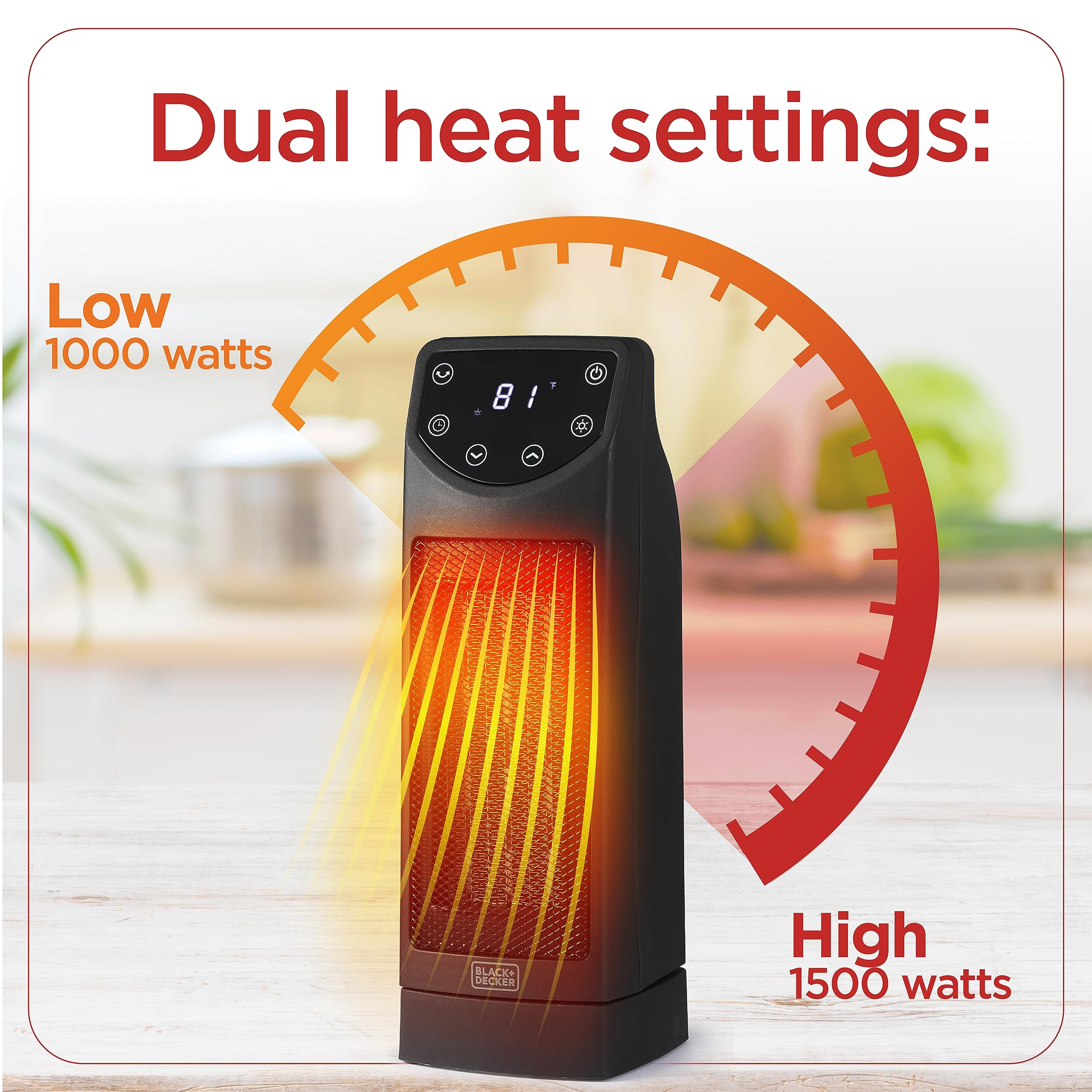 BLACK+DECKER Oscillating Space Heater, Portable Heater with Remote Control, Ceramic Small Space Heater with Two Heat Settings & LED Display, Small Heater 1500W