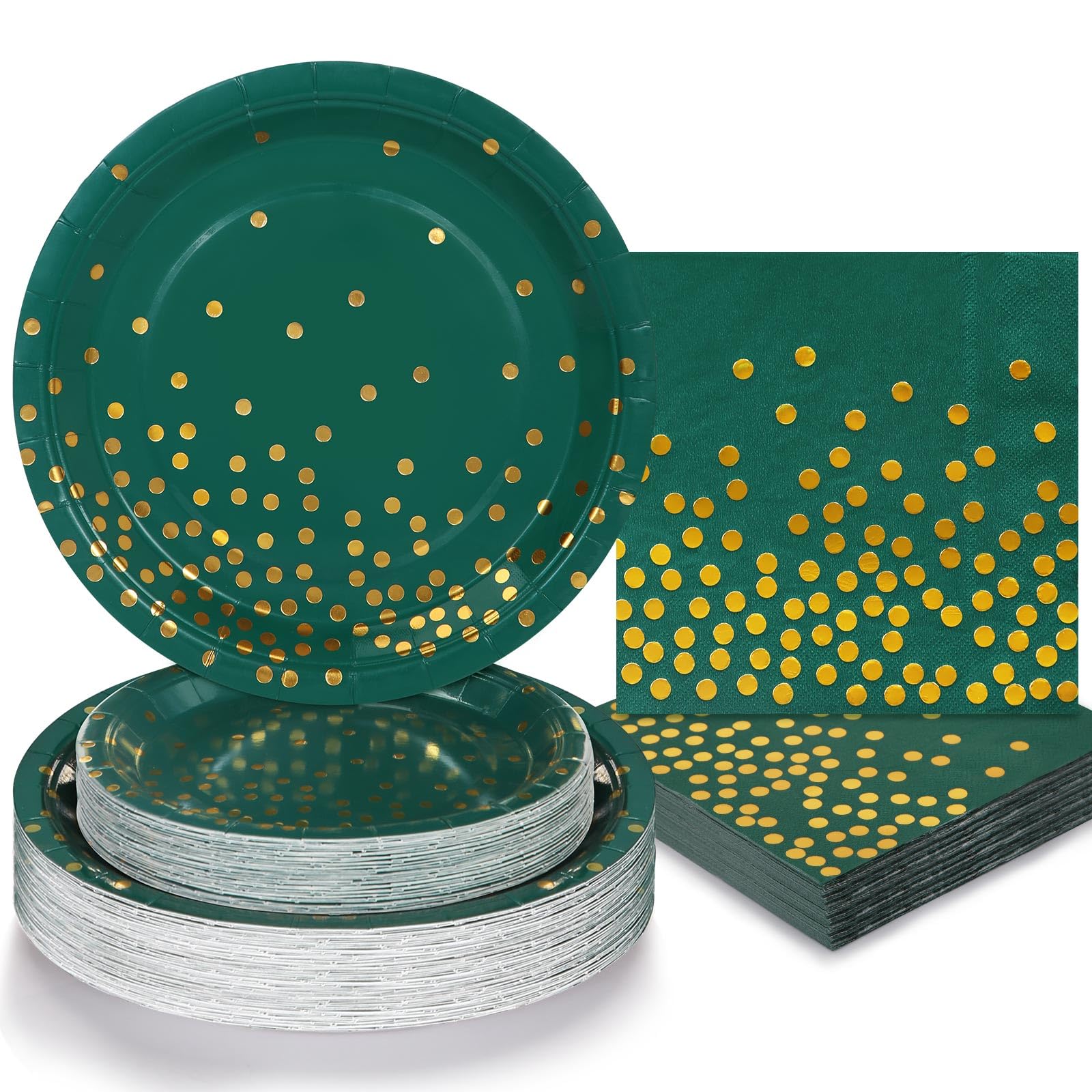 Boocikey 150 PCS Green Plates and Napkins Party Supplies,Golden Dot Green Paper Plates for 50 Guests,Green and Gold Party Decorations for Holiday Wedding Graduation Christmas Party Decorations