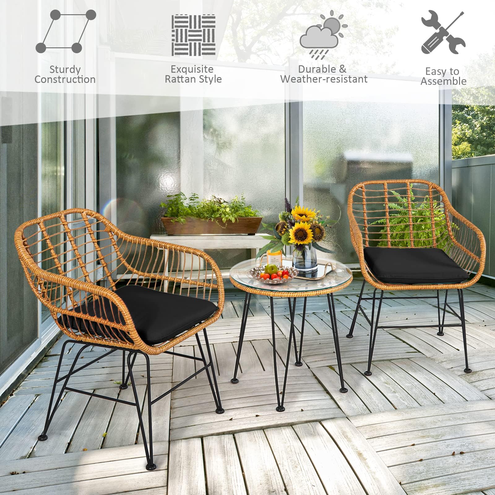 DORTALA 3 Pieces Patio Conversation Set, Rattan Leisure Chairs & Round Glass Tea Table Set, Indoor Outdoor Wicker Bistro Furniture Set with Cushions for Balcony, Poolside (Black)