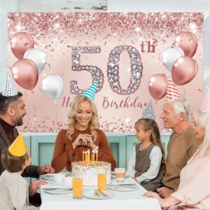 Trgowaul 50th Birthday Decorations for Women, Pink Rose Gold 50th Birthday Banner Backdrop 50 Birthday Party Decorations for Women Turnin 50, 50th Fabulous Birthday Background Birthday Gift for her