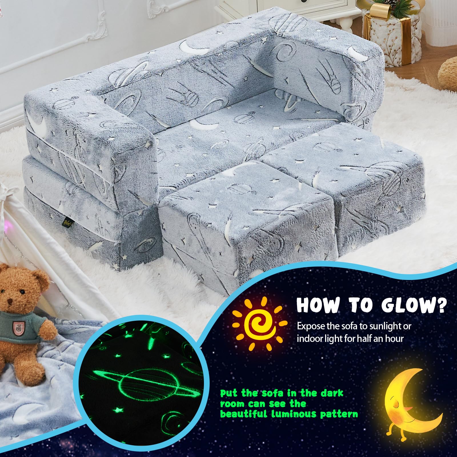 TELER Kids Couch Sofa Modular Toddler Couch, Glow in The Dark Sofa 3 in 1 Fold Out Kids Sofa with Washable and Durable Covers for Boys, Galaxy Stars