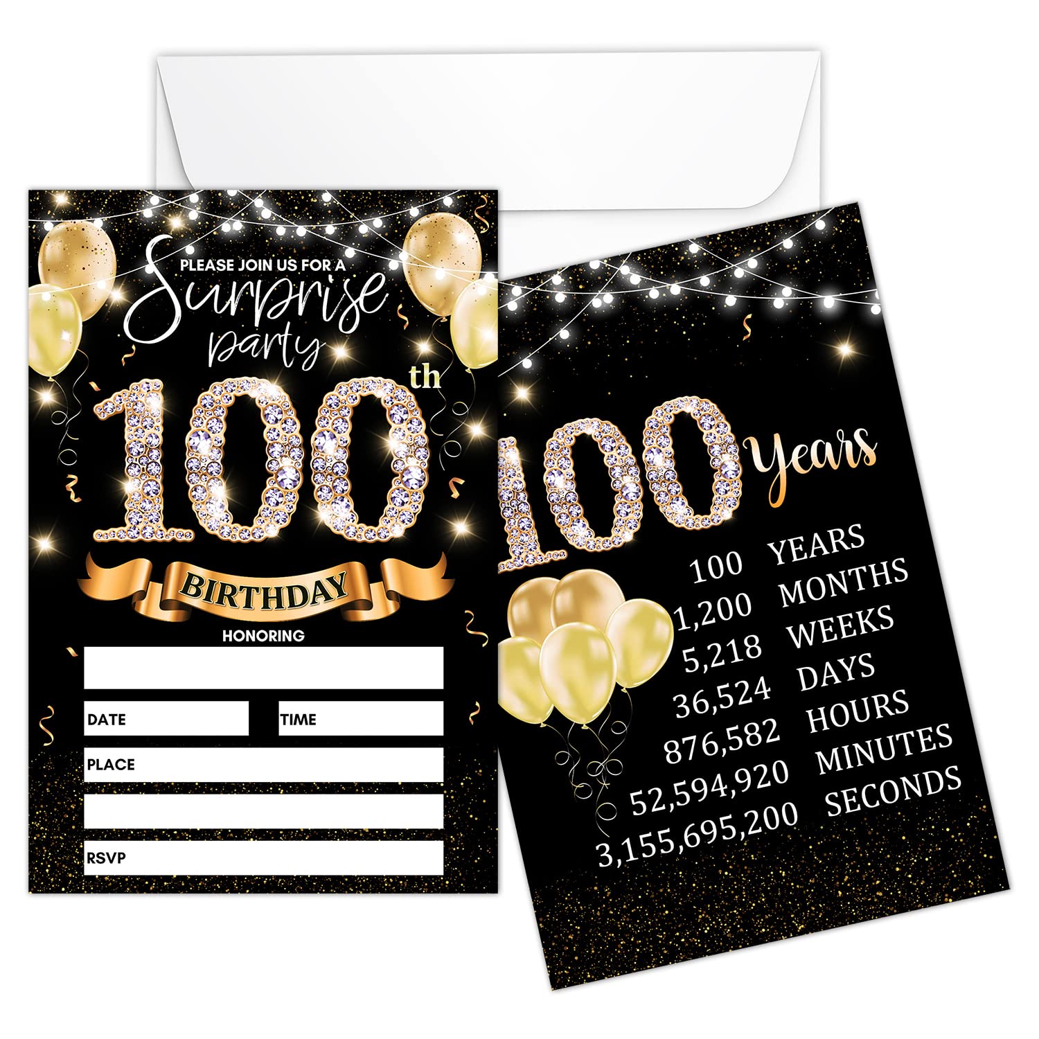 100th Birthday Party Invitation Card - Black Gold Invites with Birthday Sign Printing On The Back Double-Sided Fill-in Invites - 20 Cards with Envelopes for Party Favors - srgold-A10