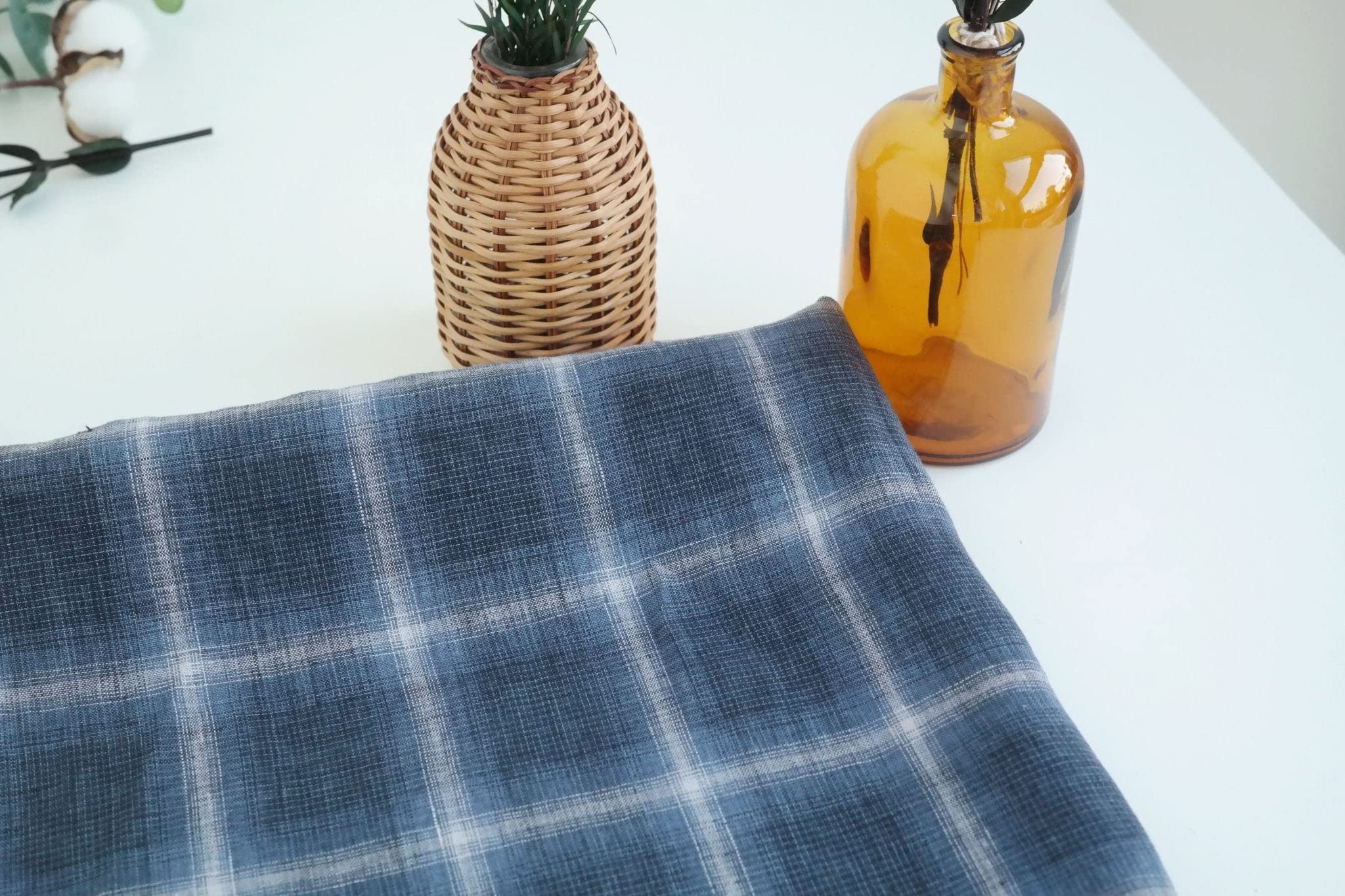 Navy Blue Linen Gradation Plaid Fabric | Versatile Fabric Material - Ideal for Sewing, Crafts and Home Decor