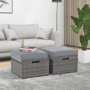 Super Patio Outdoor Wicker Ottoman Set of 2, All Weather Rattan Patio Ottoman Set with Thick Cushion, 2 Pieces Footstool Footrest Seat for Outside Garden, Balcony, Living Room, Gray