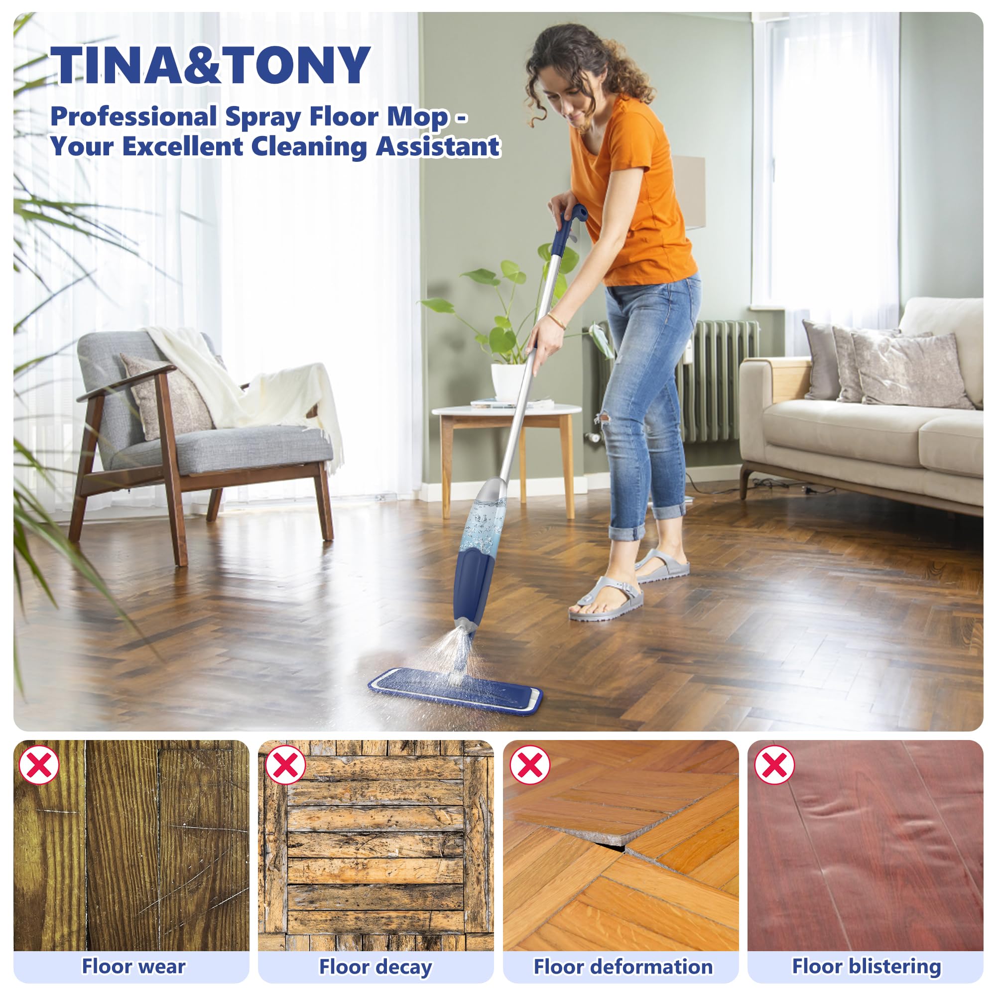 Spray Mop Wet Dry Mop for Floor Cleaning, Microfiber Dust mop Hardwood Flat Floor Mop, Wet Spray Mop with 4 Reusable Washable Pads for Home Commercial Hardwood Laminate Vinyl Wood Tile Floors