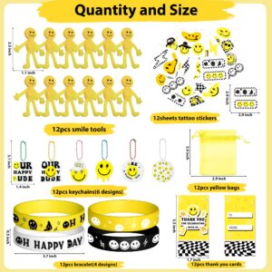 Wood Homing 72PCS One Happy Dude Birthday Party Favor for Kids Smile Face Theme Gifts Set Include Bracelet Tatto Thank You Card with Keychain and Organza One Happy Dude Party Classroom School Supplies