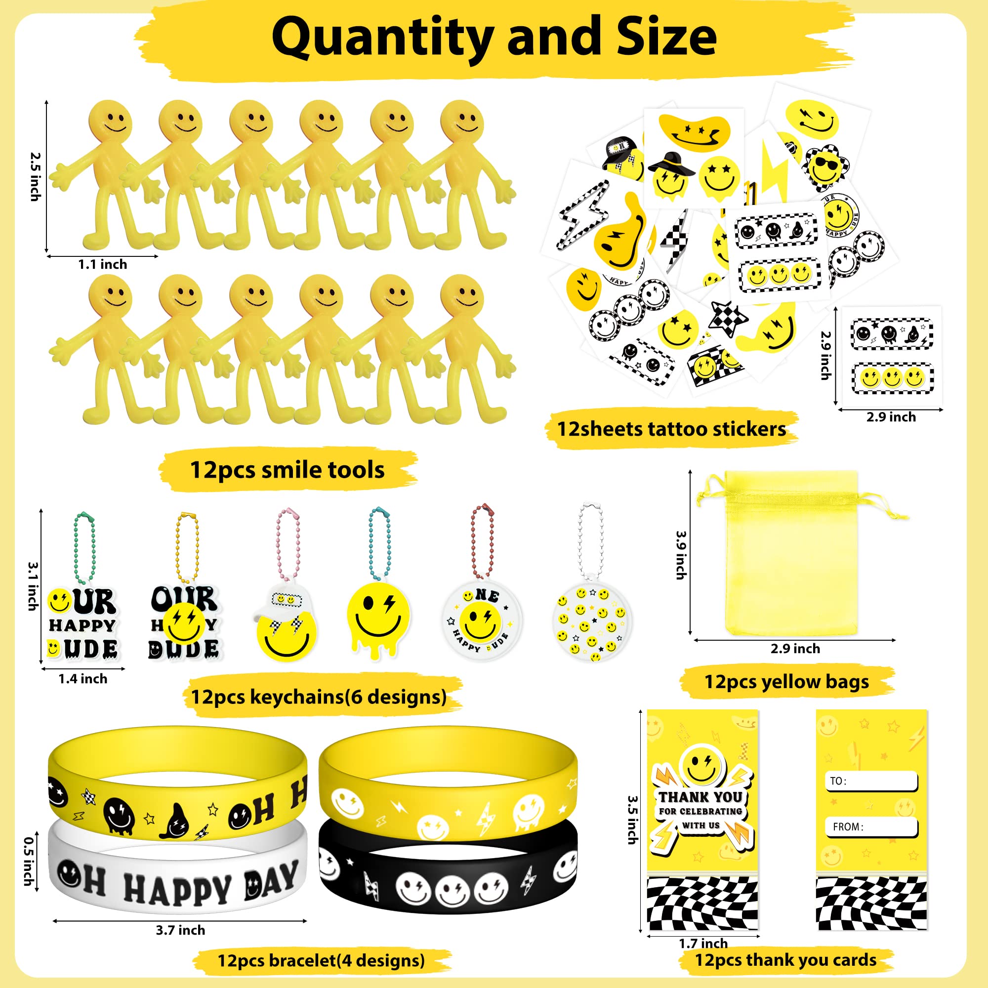 Wood Homing 72PCS One Happy Dude Birthday Party Favor for Kids Smile Face Theme Gifts Set Include Bracelet Tatto Thank You Card with Keychain and Organza One Happy Dude Party Classroom School Supplies