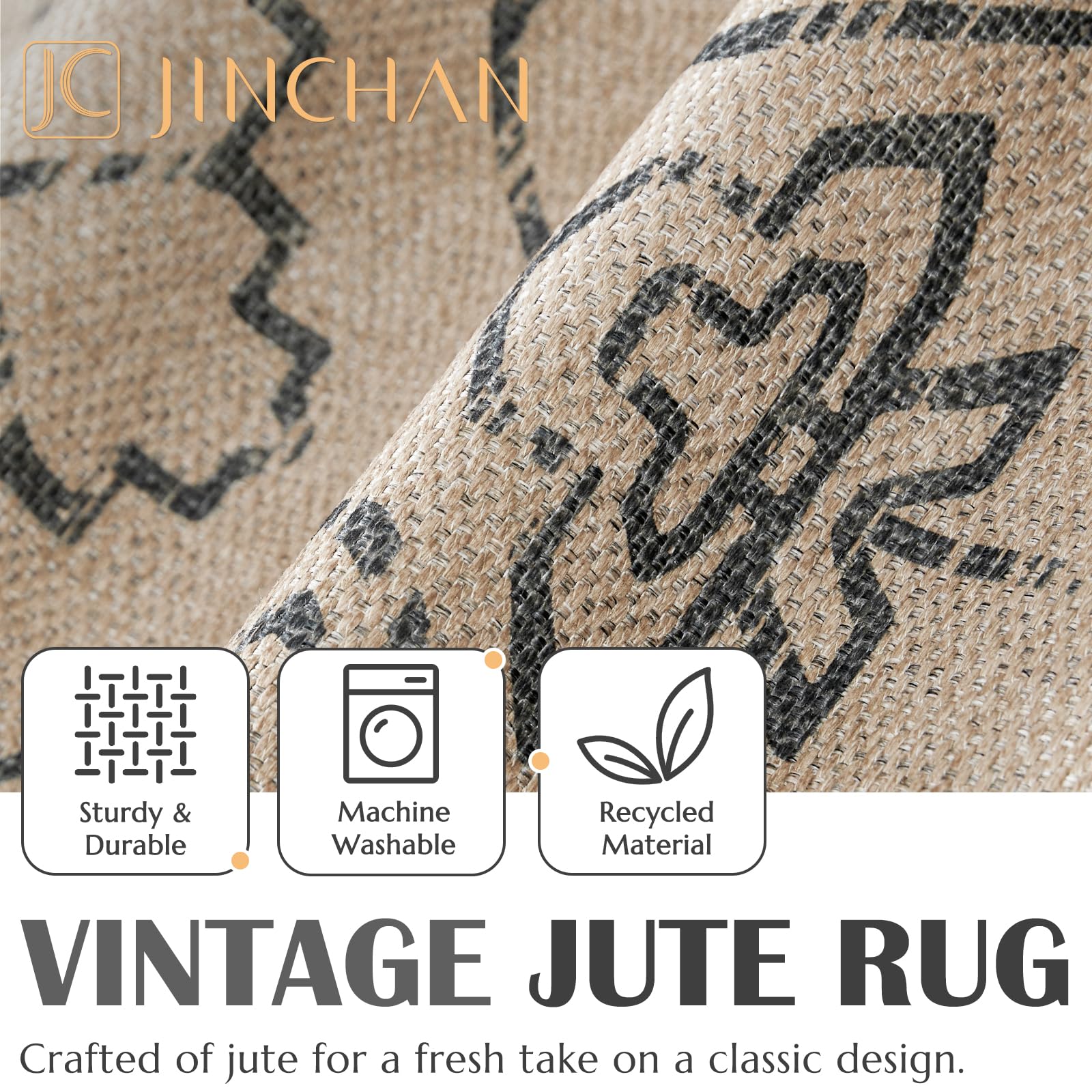 jinchan Runner Rug 2x8 Area Rug Recycled Boho Chic Jute Rug Indoor Outdoor Floor Cover Print Floral Rug Black Accent Rug for Living Room Bedroom Dining Room Patio Garden