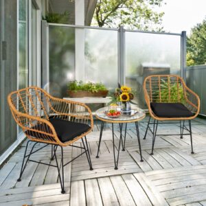 DORTALA 3 Pieces Patio Conversation Set, Rattan Leisure Chairs & Round Glass Tea Table Set, Indoor Outdoor Wicker Bistro Furniture Set with Cushions for Balcony, Poolside (Black)