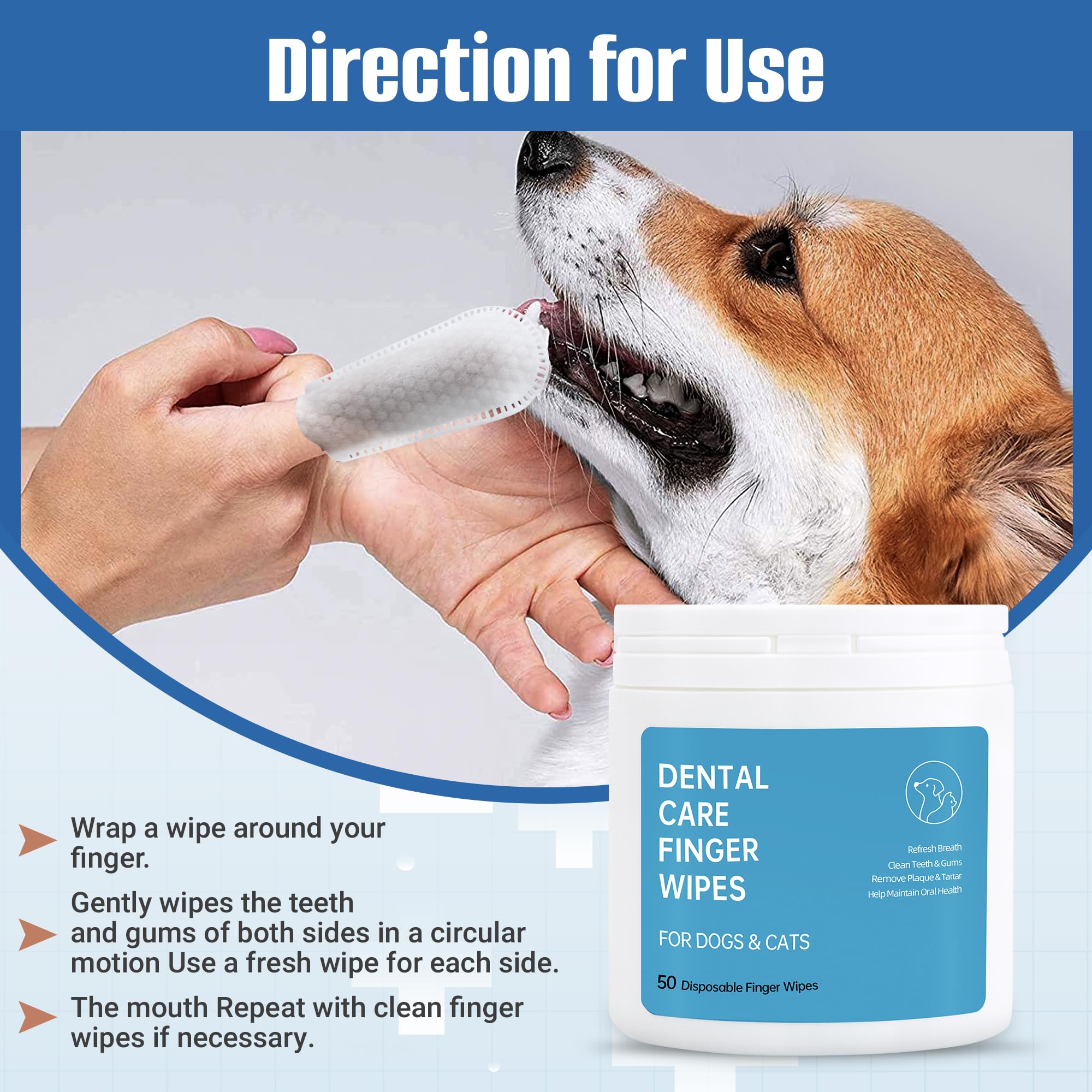 Spanielbuns Dog Dental Wipes for Cats & Dogs Teeth Cleaning - Dog Breath Freshener, Tartar Remover, All Natural Ingredients Dog Dental Care, 50ct Pre-Soaked Finger Toothbrush Wipes, No Hard Toothbrush