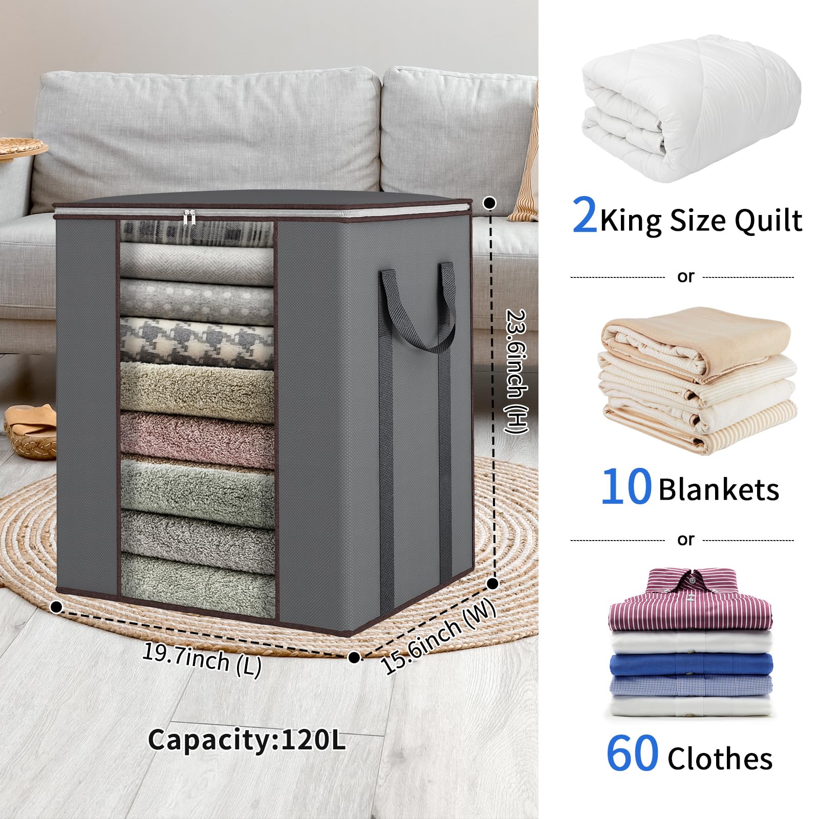 Fixwal Extra Large Blanket Storage Bags 120L Comforter Storage Bags with Reinforced Handles Breathable Clothes Storage Containers for King Comforter Bedding Pillow Sheet Grey