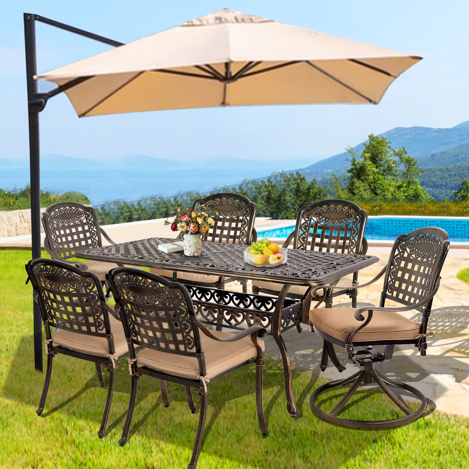 TITIMO 7 Piece Cast Aluminum Patio Dining Set, Outdoor Dining Furniture Patio Table and Chairs Set with 4 Stackable Chairs, 2 Swivel Chairs & 1 Rectangle Dining Table for Backyard Garden Deck