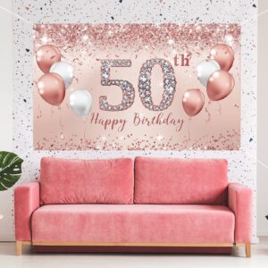 Trgowaul 50th Birthday Decorations for Women, Pink Rose Gold 50th Birthday Banner Backdrop 50 Birthday Party Decorations for Women Turnin 50, 50th Fabulous Birthday Background Birthday Gift for her