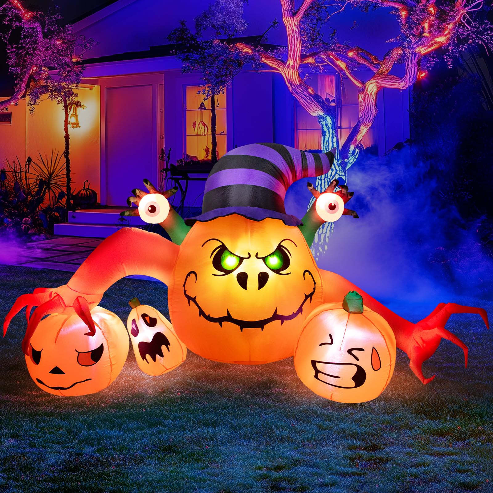 Wothfav 8FT Long Halloween Inflatable Outdoor Decorations, Pumpkin Decorations with Build-in LED Lights, Blow Up Jack-o-Lantern for Indoor Outdoor Halloween Party, Yard, Garden, Lawn