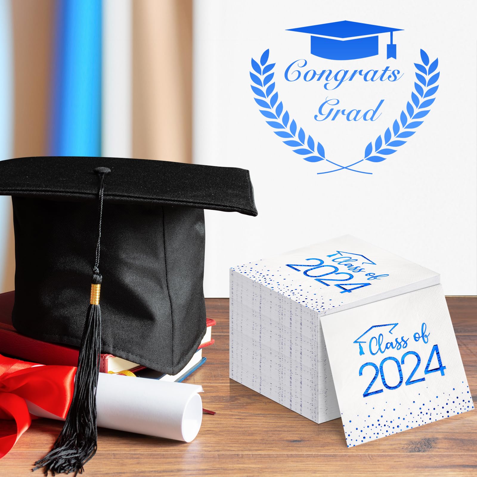 100Pcs Class of 2024 Graduation Napkins, Disposable Congrats Grad Paper Cocktail Napkins Square Foil Dot Hand Towels for 2024 School University College Graduation Party Decorations（Blue）