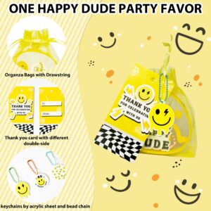 Wood Homing 72PCS One Happy Dude Birthday Party Favor for Kids Smile Face Theme Gifts Set Include Bracelet Tatto Thank You Card with Keychain and Organza One Happy Dude Party Classroom School Supplies