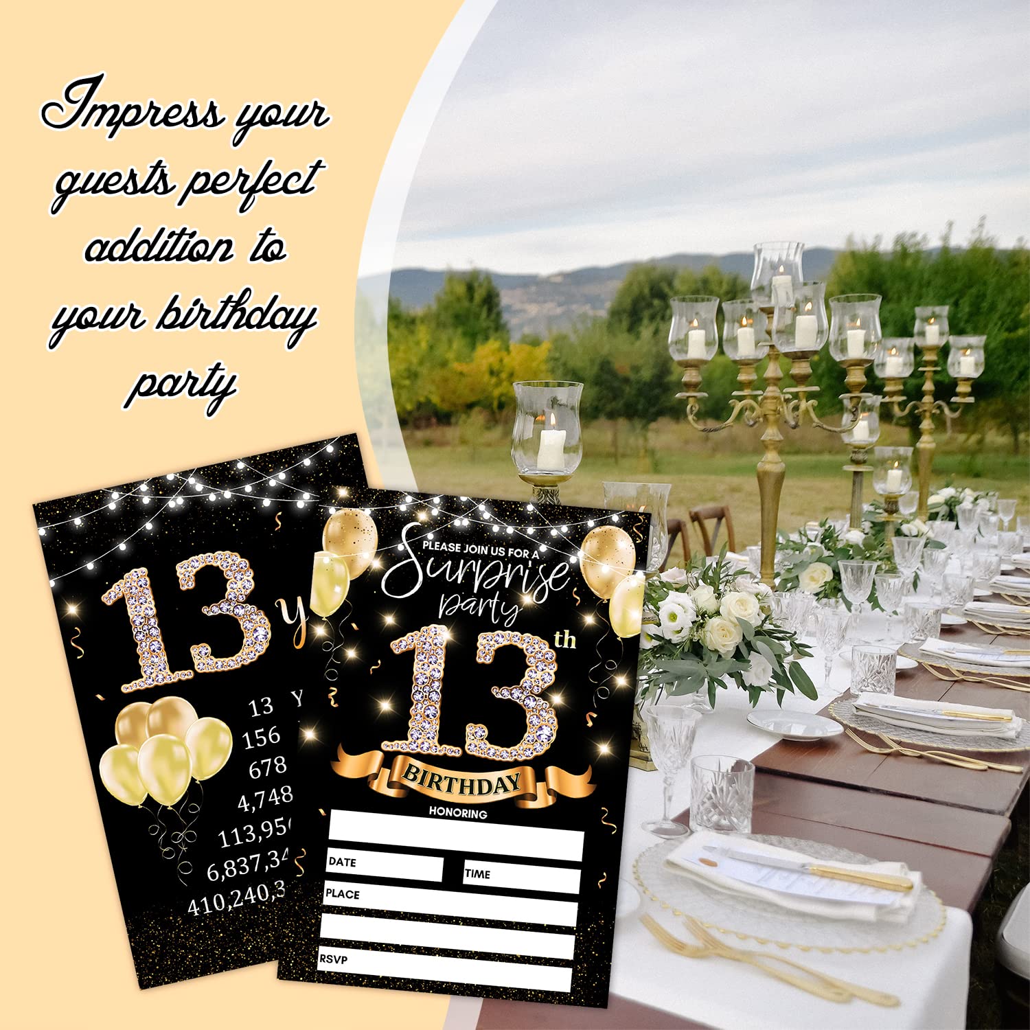 13th Birthday Party Invitation Card - Black Gold Invites with Birthday Sign Printing On The Back Double-Sided Fill-in Invites - 20 Cards with Envelopes for Party Favors - srgold-A02