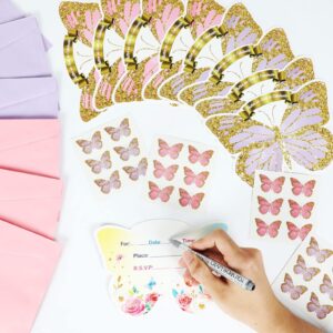 Qyeahkj 36pcs Butterfly Birthday Invitations for Girls with Envelopes Stickers Floral Butterfly Party Celebration Party Supplies Favors for Kids Boys Baby Shower Wedding Decorations