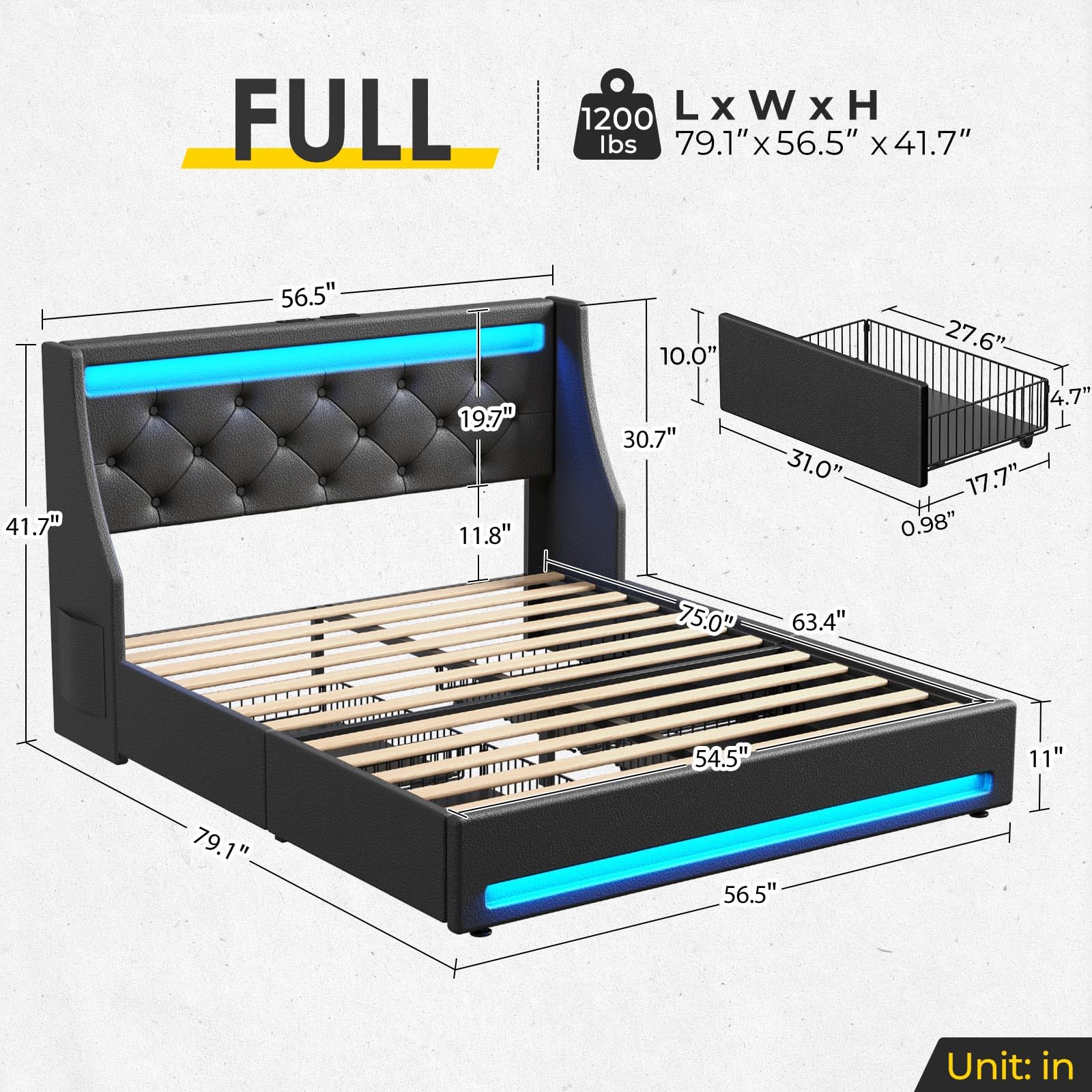 Rolanstar Full Bed Frame with LED Lights and Charging Station, PU Leather Bed with Drawers, Wooden Slats, Noise Free, Easy Assembly, Black