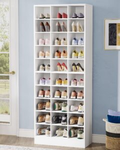 tribesigns 10-tier shoe storage cabinet, white wooden shoe rack with 30 cubbies, freestanding tall entryway shoe organizer for closet, entryway, living room