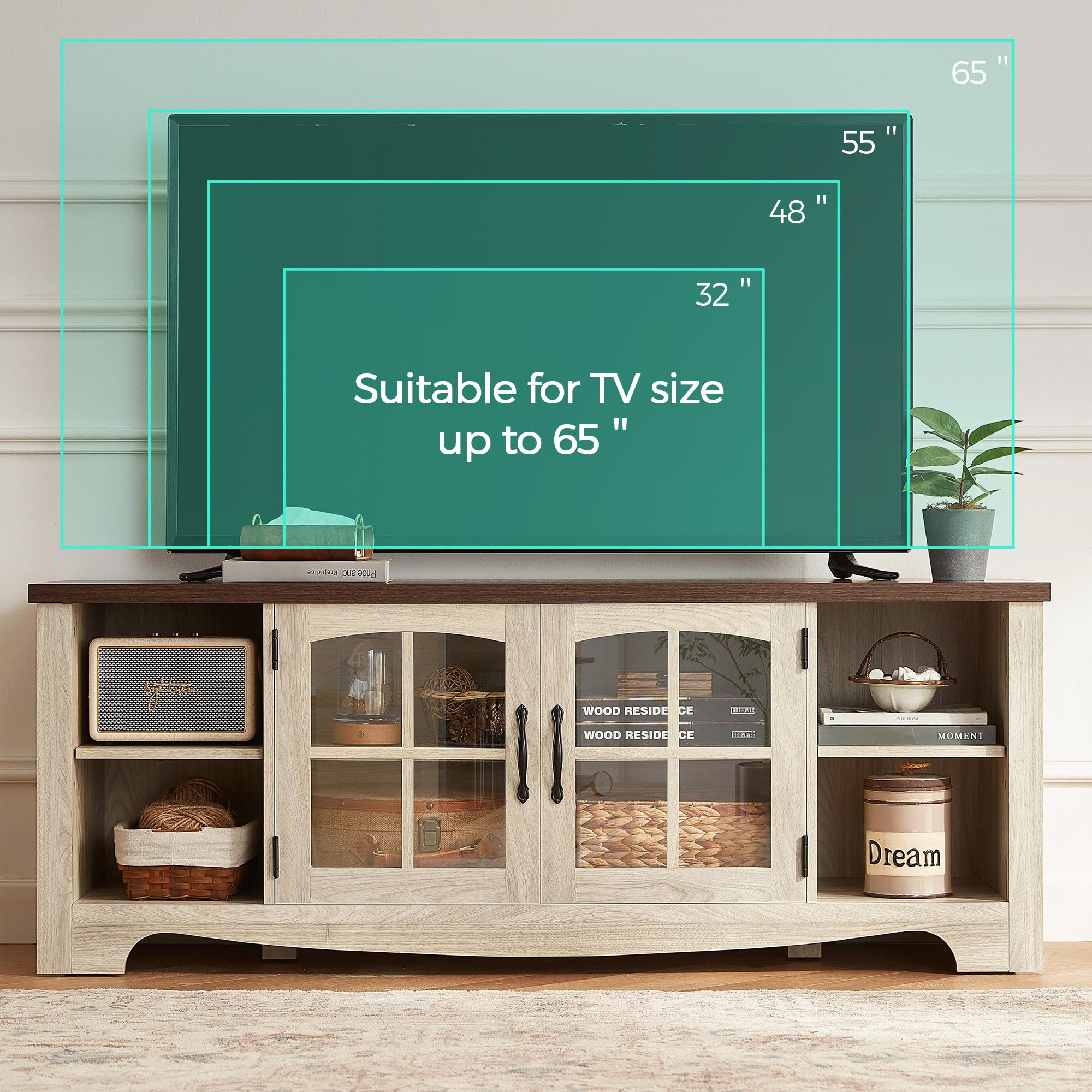 LINSY HOME Farmhouse TV Stand for 65 Inch TV, Wood Entertainment Center with Glass Door Storage Cabinet & Adjustable Shelves, Large Sturdy TV Console Table for Living Room Bedroom