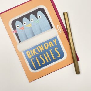 Old English Co. Birthday Fishes Card for Men and Women - Funny Happy Birthday Greeting Card for Him or Her - Sardine Fish Can - For Brother, Sister, Cousin, Friend | Blank Inside with Envelope