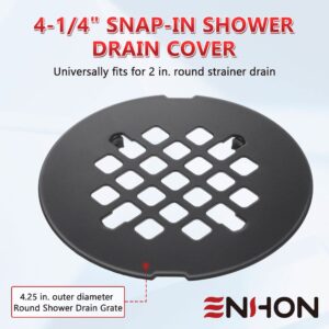 Enhon 2 Pack 4-1/4 Snap in Shower Drain Cover, Round Shower Strainer Drain Grid, Bathroom Shower Drain Grate Cap Replacement for Hair Catcher, Matte Black, Stainless Steel