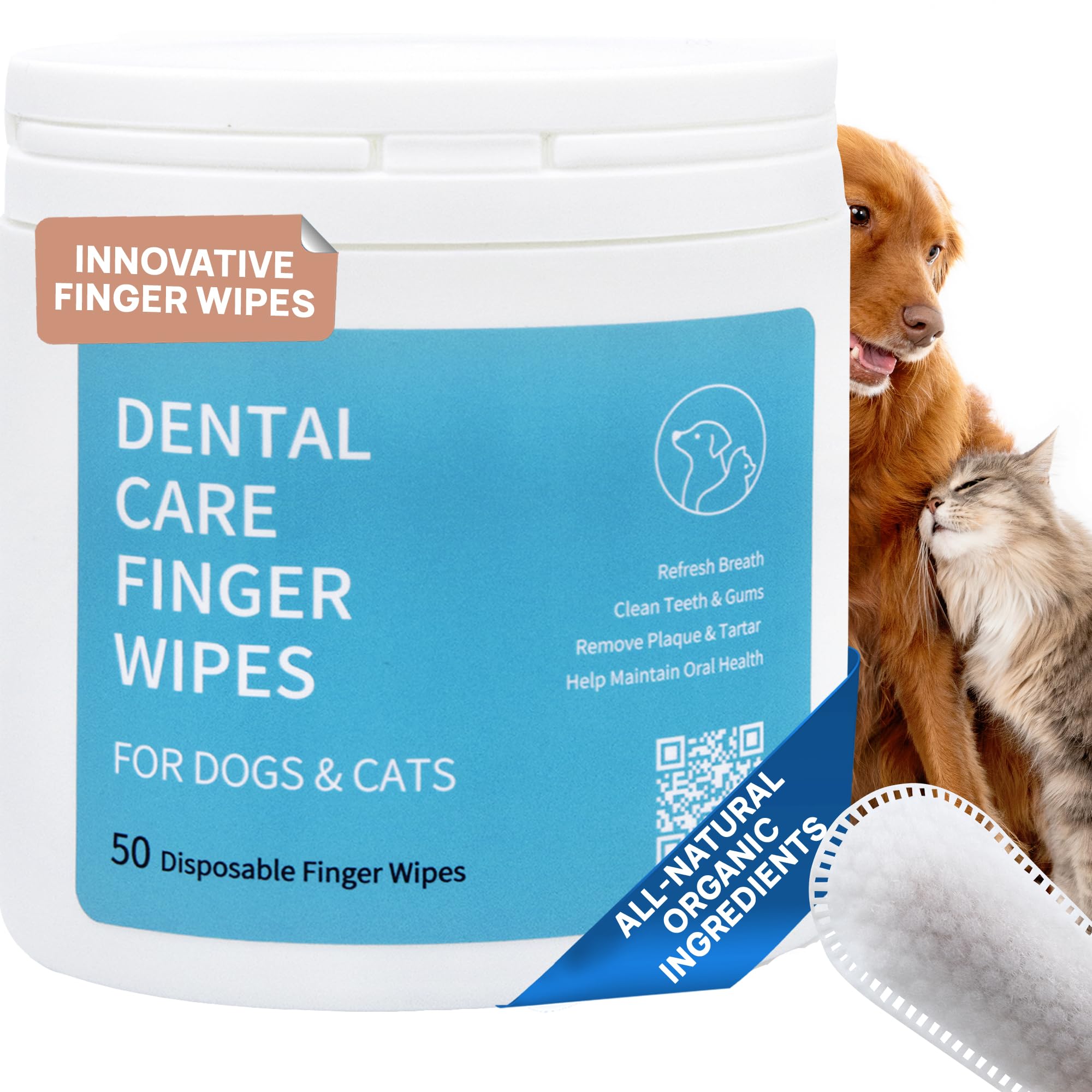 Spanielbuns Dog Dental Wipes for Cats & Dogs Teeth Cleaning - Dog Breath Freshener, Tartar Remover, All Natural Ingredients Dog Dental Care, 50ct Pre-Soaked Finger Toothbrush Wipes, No Hard Toothbrush