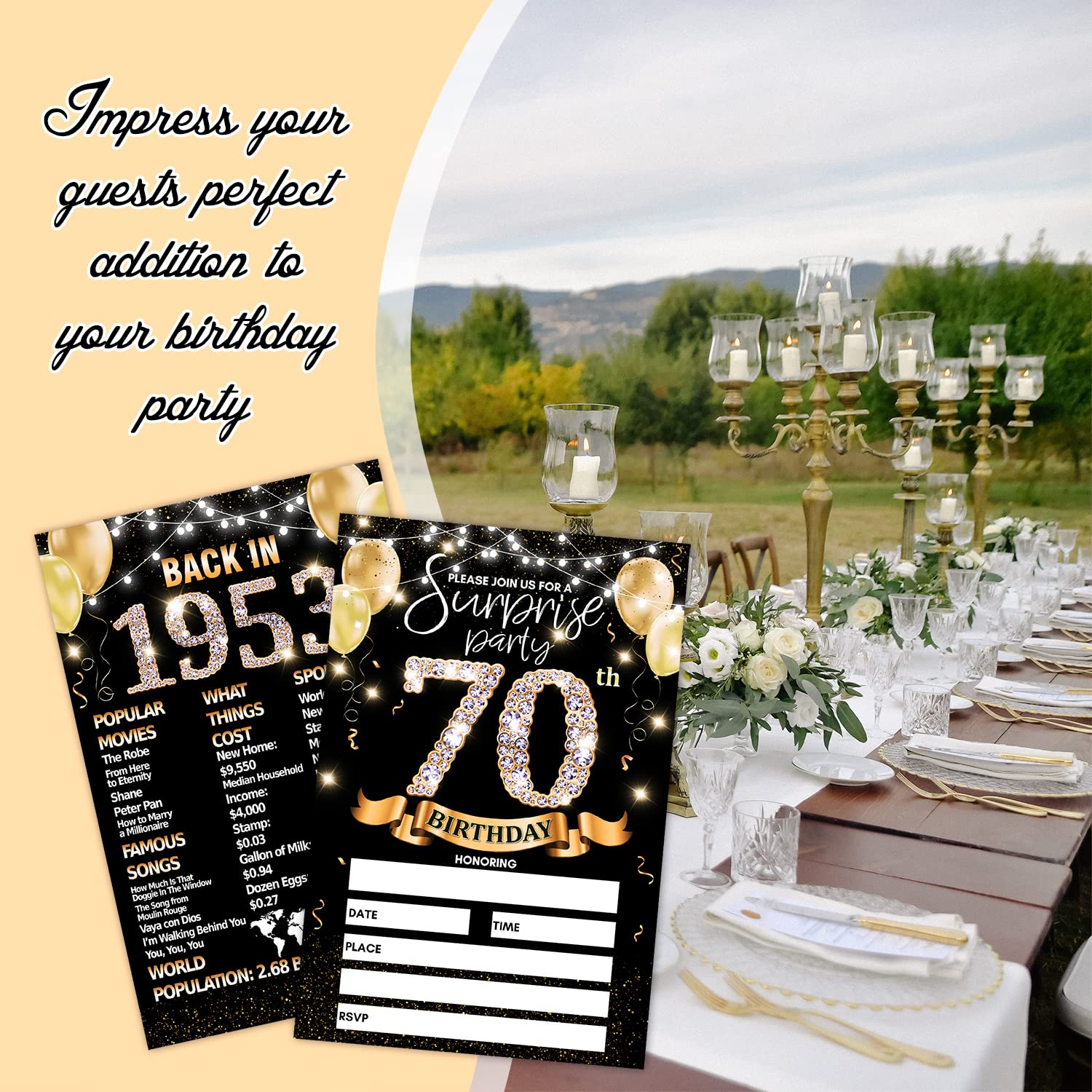 70th Birthday Party Invitation Card - Black Gold Invites with Back In 1953 Poster Printing On The Back Double-Sided Fill-in Invites - 20 Cards with Envelopes for Party Favors - sr-16