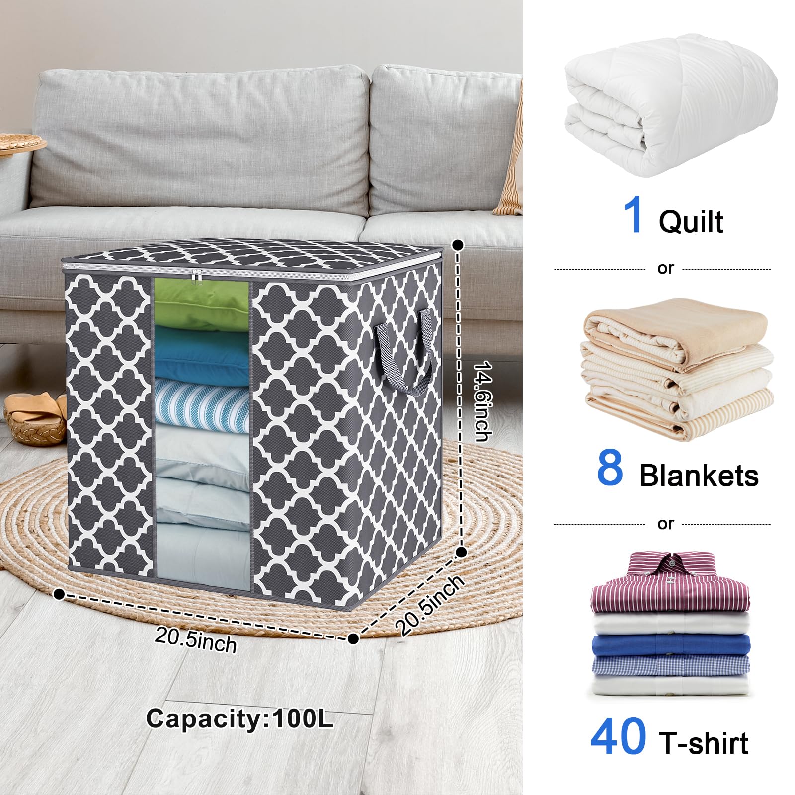 Fixwal Large Blanket Clothes Organization 100L 3 Pack Storage Containers Foldable Organizer with Reinforced Handle for Comforters Bedding Grey