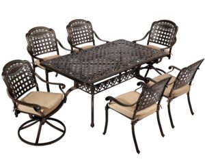 titimo 7 piece cast aluminum patio dining set, outdoor dining furniture patio table and chairs set with 4 stackable chairs, 2 swivel chairs & 1 rectangle dining table for backyard garden deck