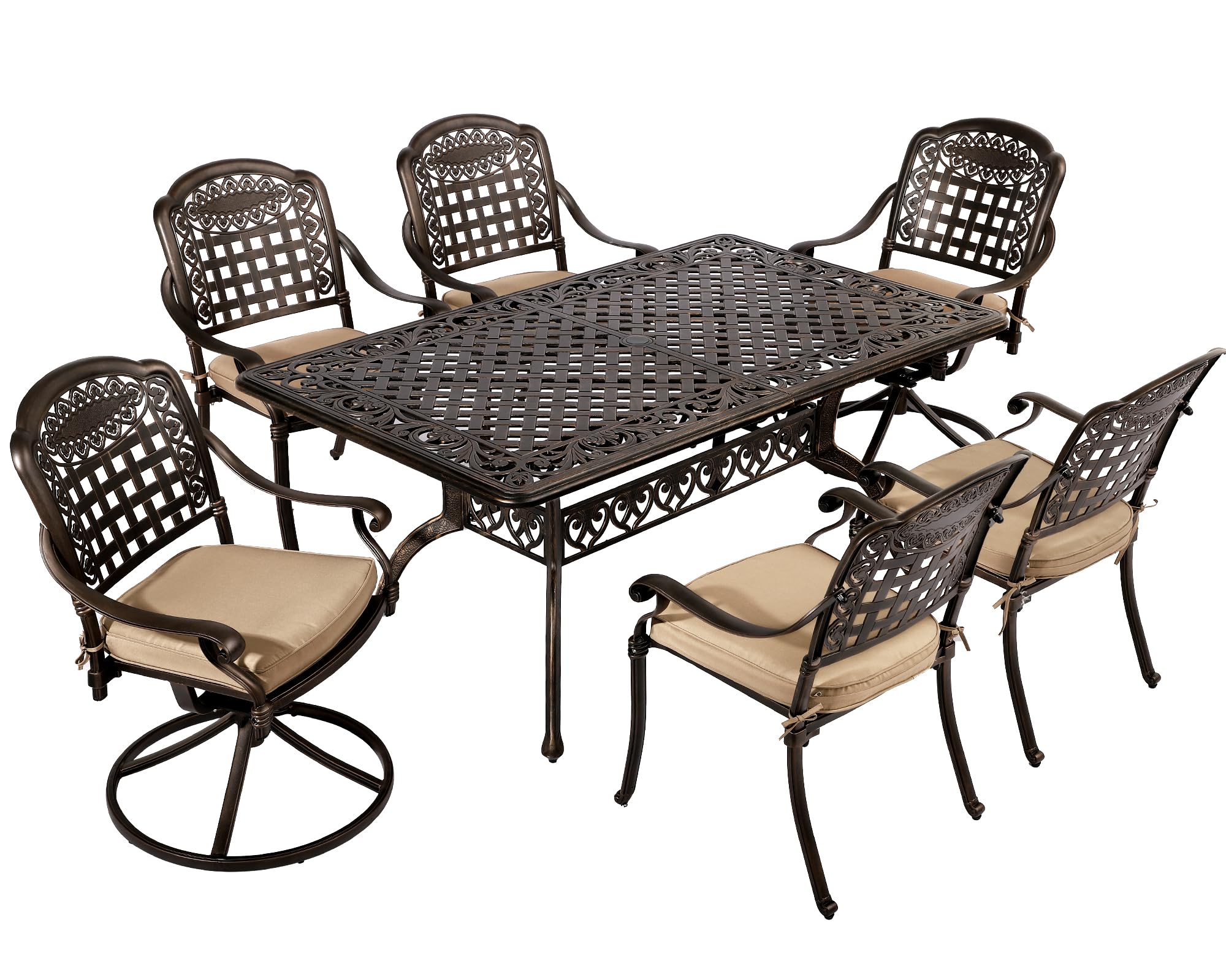 TITIMO 7 Piece Cast Aluminum Patio Dining Set, Outdoor Dining Furniture Patio Table and Chairs Set with 4 Stackable Chairs, 2 Swivel Chairs & 1 Rectangle Dining Table for Backyard Garden Deck