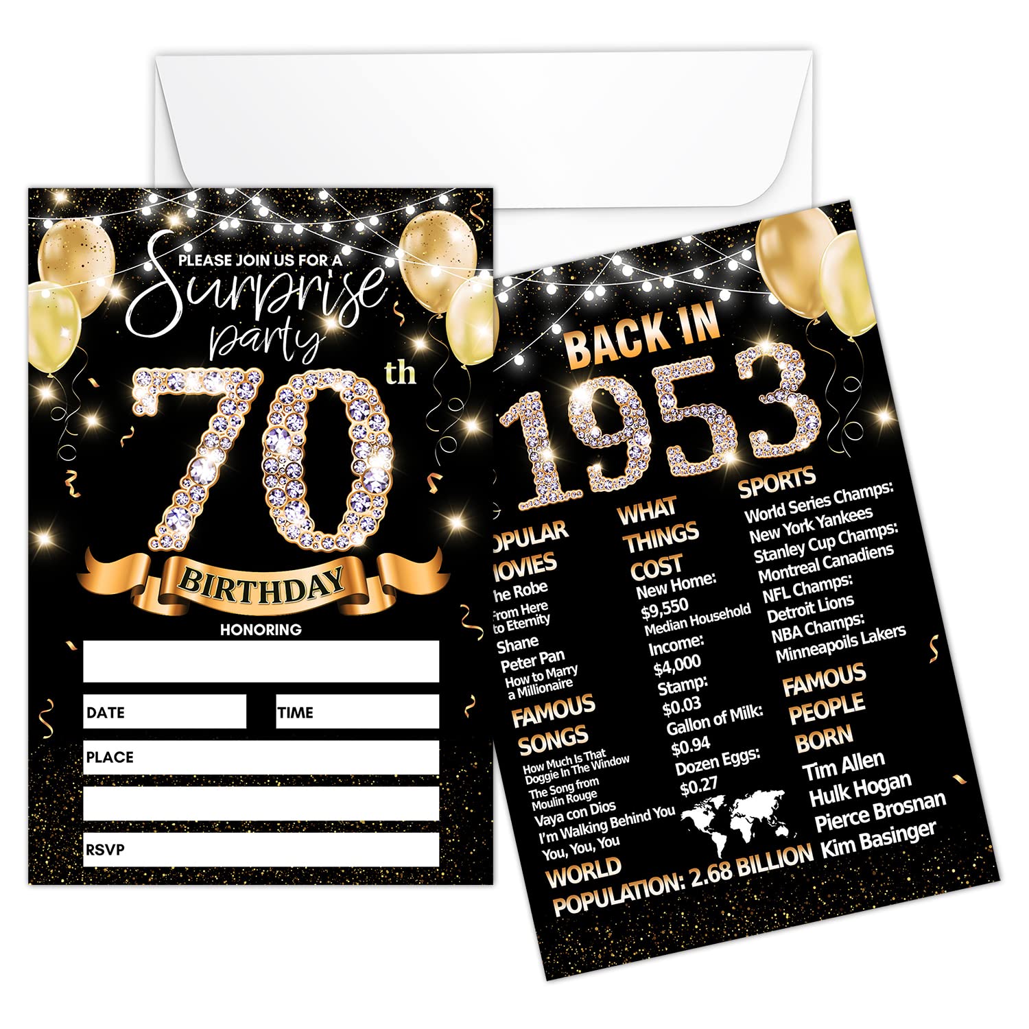 70th Birthday Party Invitation Card - Black Gold Invites with Back In 1953 Poster Printing On The Back Double-Sided Fill-in Invites - 20 Cards with Envelopes for Party Favors - sr-16