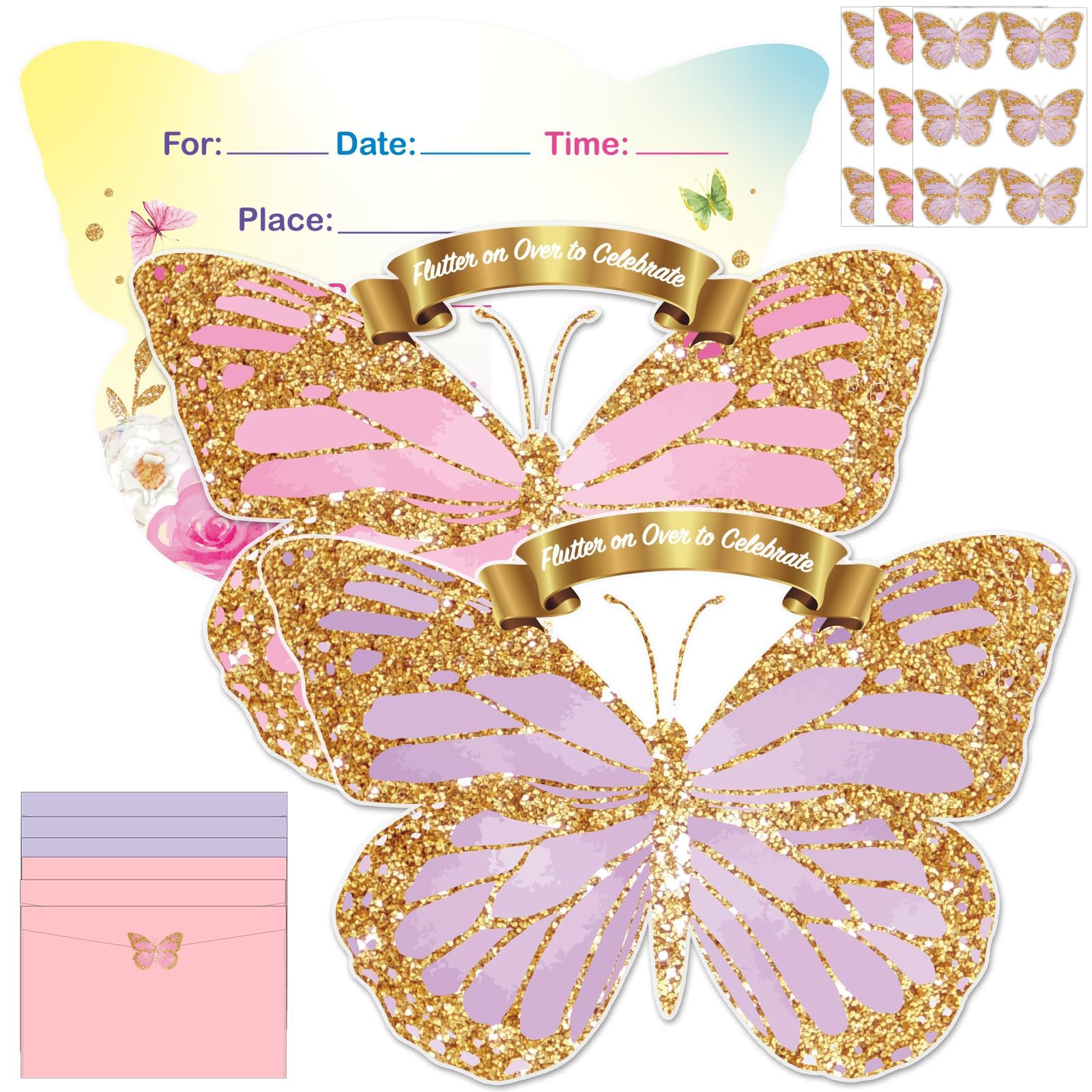 Qyeahkj 36pcs Butterfly Birthday Invitations for Girls with Envelopes Stickers Floral Butterfly Party Celebration Party Supplies Favors for Kids Boys Baby Shower Wedding Decorations