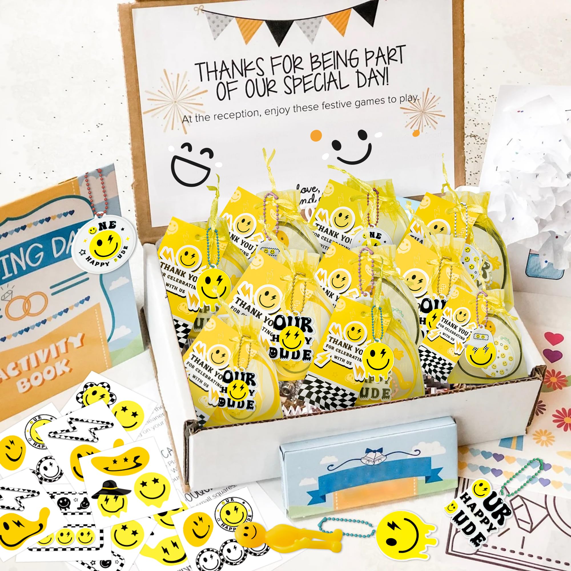 Wood Homing 72PCS One Happy Dude Birthday Party Favor for Kids Smile Face Theme Gifts Set Include Bracelet Tatto Thank You Card with Keychain and Organza One Happy Dude Party Classroom School Supplies