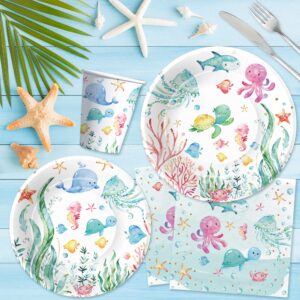 APOWBLS Under The Sea Party Decorations Dinnerware For Ocean Theme Birthday Baby Shower, Ocean Under The Sea Party Supplies, Plate, Napkin, Tablecloth, Underwater Sea Life Party Tableware, Serve 24