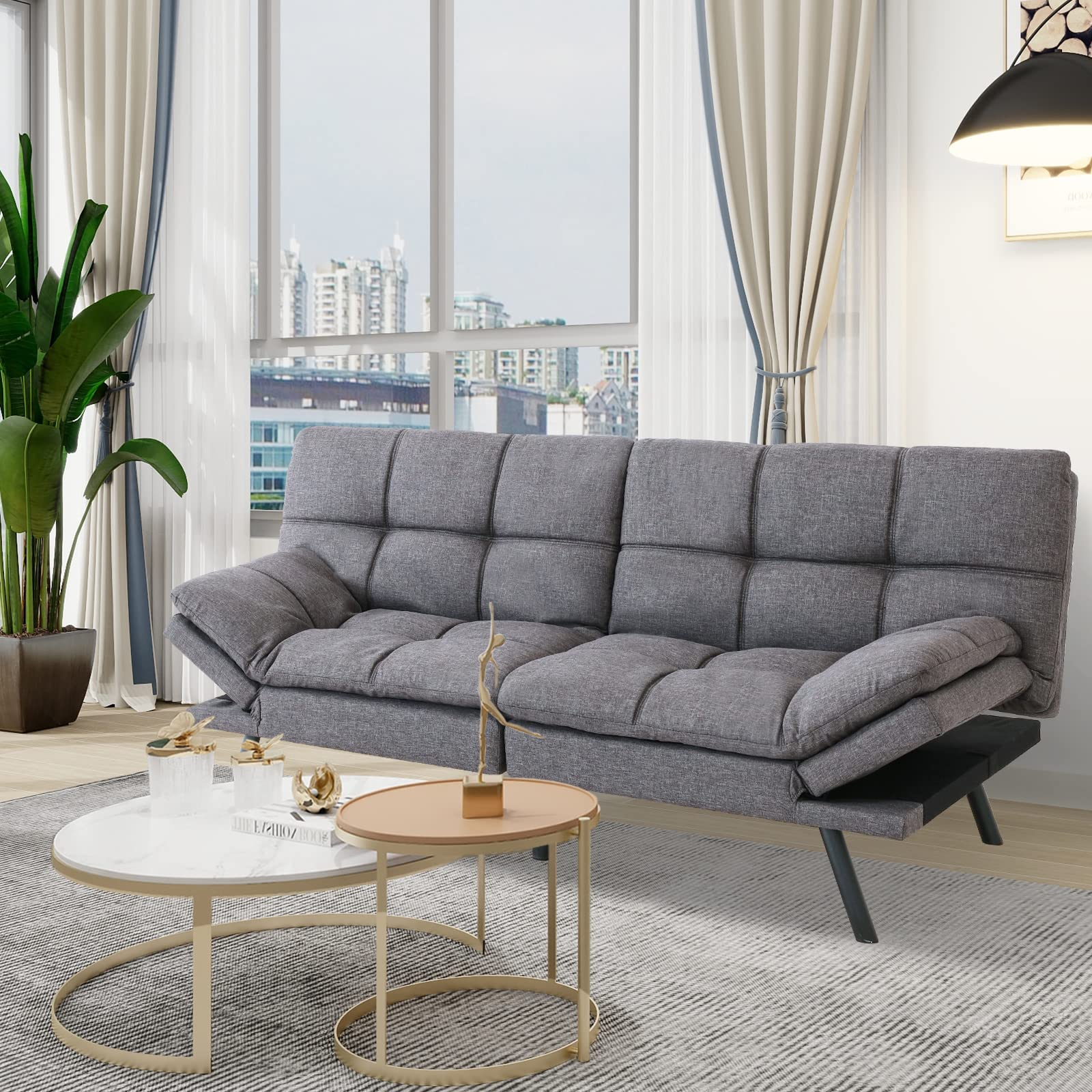 Maxspeed Futon Sofa Bed Memory Foam Sofa Couch Convertible Modern Loveseat Sleeper Sofa with Adjustable Armrests and Metal Legs,Multifunctional Grey Futon Sofa Bed for Apartment, Office, Small Spaces