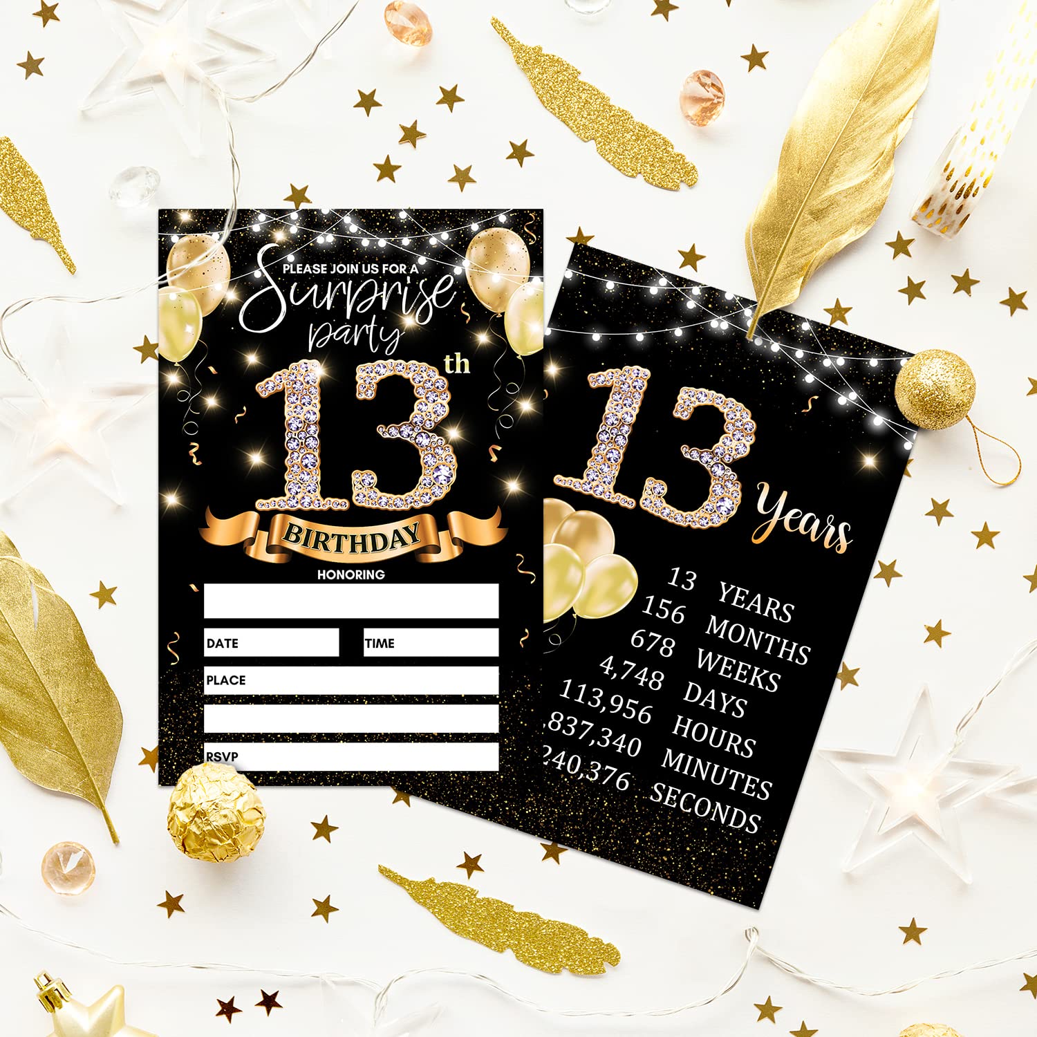 13th Birthday Party Invitation Card - Black Gold Invites with Birthday Sign Printing On The Back Double-Sided Fill-in Invites - 20 Cards with Envelopes for Party Favors - srgold-A02