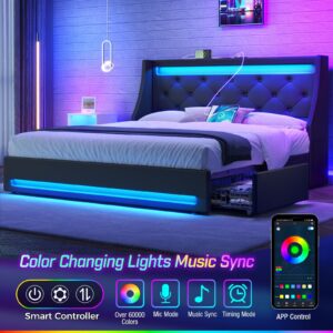 Rolanstar Full Bed Frame with LED Lights and Charging Station, PU Leather Bed with Drawers, Wooden Slats, Noise Free, Easy Assembly, Black