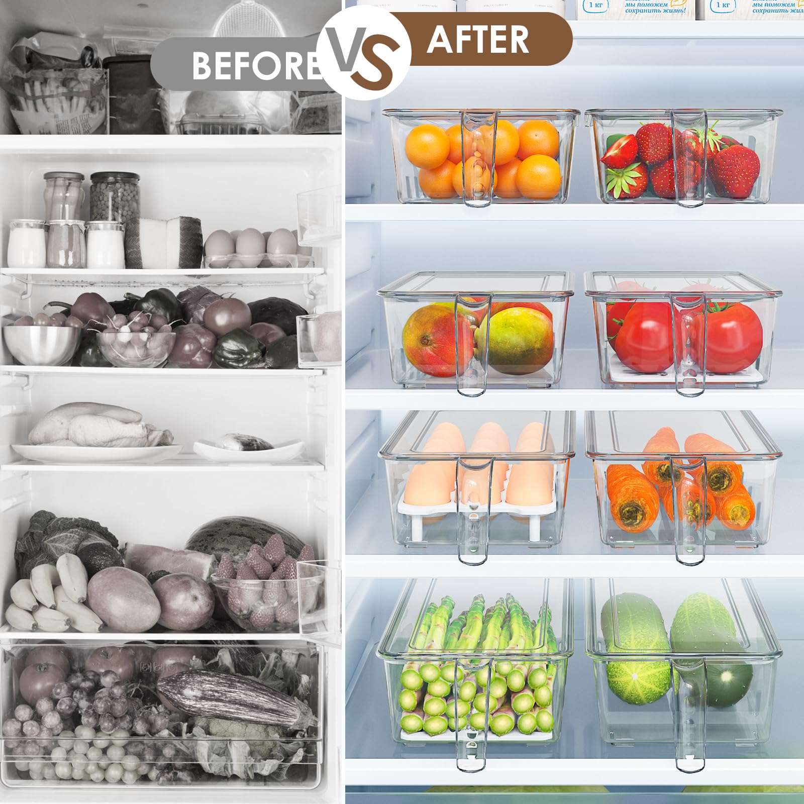 VIVAIVE 4 Pack Fridge Organizers and Storage,Clear Refrigerator Organizer Bins with Lids,Egg Container,Ice Cube Tray,Stackable Pantry Organizers with Removable Dividers,Ideal Fridge Organization