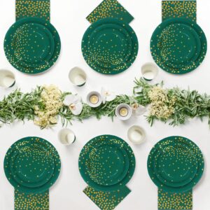 Boocikey 150 PCS Green Plates and Napkins Party Supplies,Golden Dot Green Paper Plates for 50 Guests,Green and Gold Party Decorations for Holiday Wedding Graduation Christmas Party Decorations