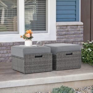 Super Patio Outdoor Wicker Ottoman Set of 2, All Weather Rattan Patio Ottoman Set with Thick Cushion, 2 Pieces Footstool Footrest Seat for Outside Garden, Balcony, Living Room, Gray