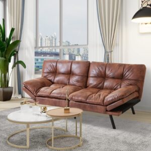 Maxspeed Sofa Bed Couch, Memory Foam Futon Sofa Bed with Mattress and Frame Included,Comfortable Brown Faxu Leather Loveseat Sleeper Sofa for Dorm Apartment Office College Small Space Bedroom